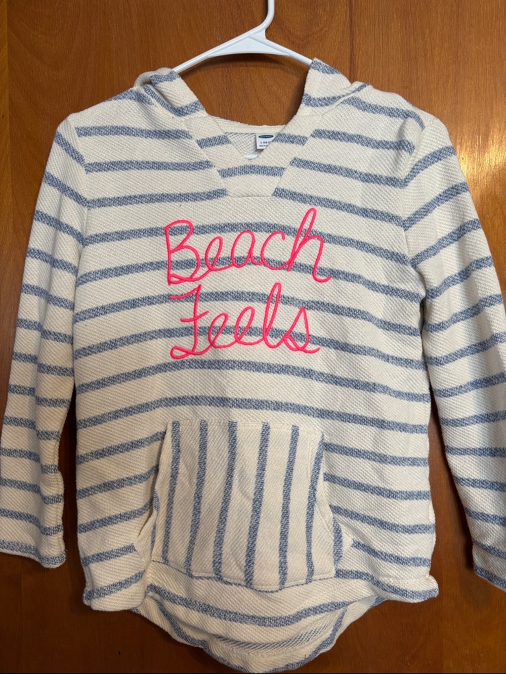 Old Navy Cream & Blue Striped Hooded Pullover with Pink Script size 10/12 girls